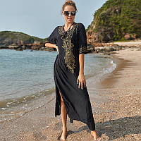 Розмір 56-58. Чорне жіноче літнє плаття в підлогу, бавовняна туніка із золотою вишивкою