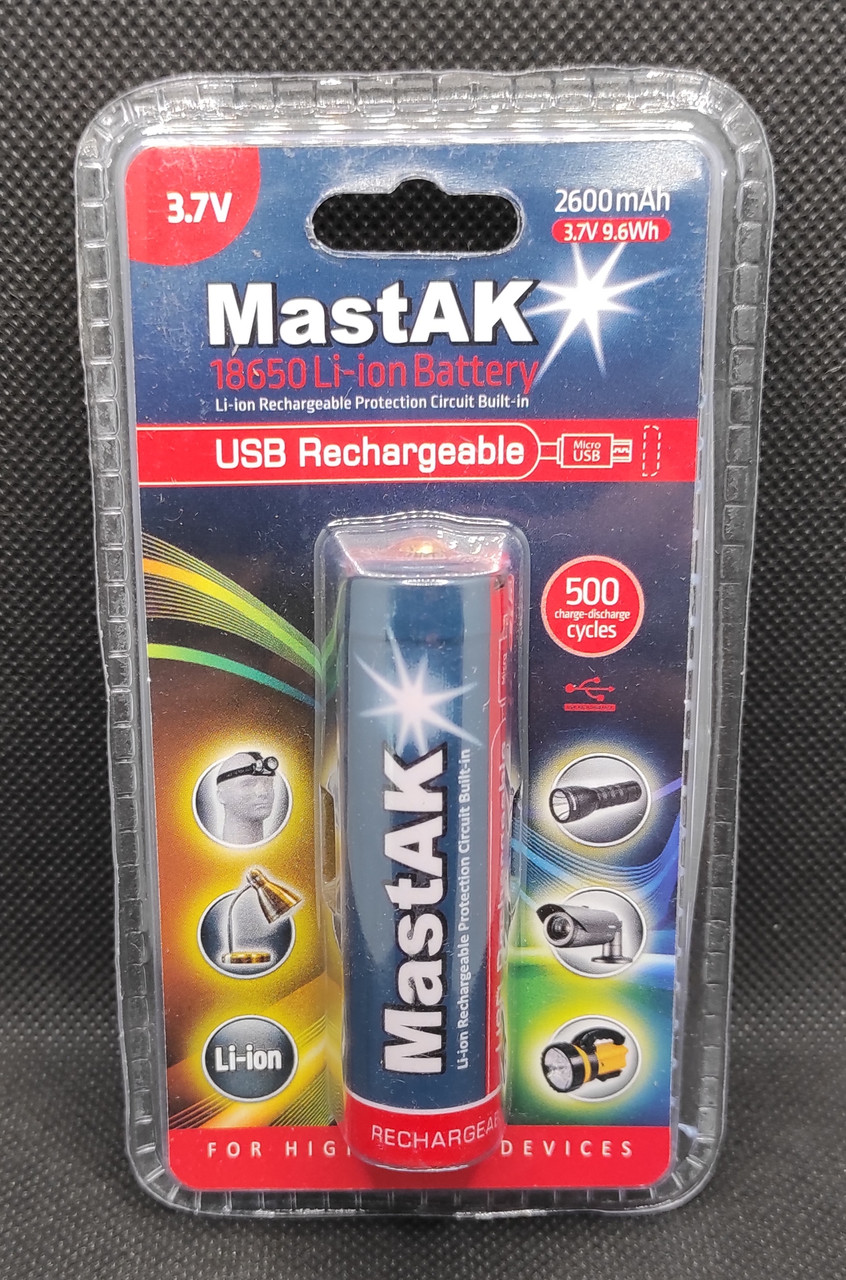 Аккумулятор MastAK 18650P 3,7V 2,60Ah с защитой и зарядкой от microUSB ( 1шт. ) - фото 2 - id-p581724085
