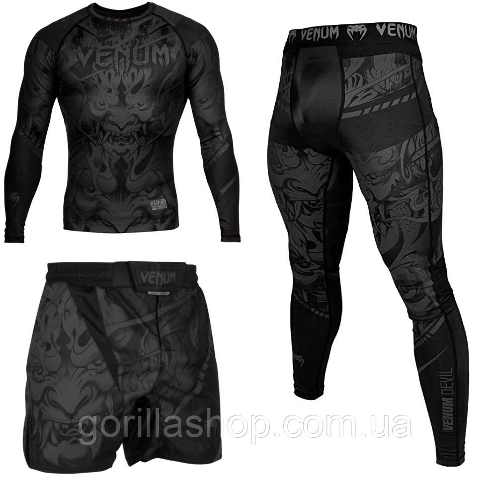 Чоловічий компресійний костюм Venum devil black 3в1: Рашгард, шорти, легінси, компресійний комплект. Термо