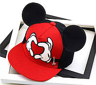 Детская кепка Снепбек с ушками Микки Маус Сердце (Mickey Mouse) Disney с прямым козырьком, Унисекс Красный