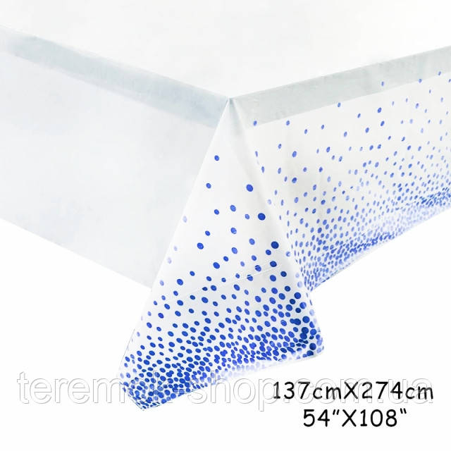 Скатертина святкова біла в горох синій, одноразова поліетиленова скатертина 137 Х 274 см, фото 1