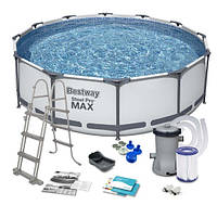Каркасный круглый бассейн (366 x 100 см, 9150 л, лестница, фильтр) Bestway 56418 Серый Steel Pro Frame Pool