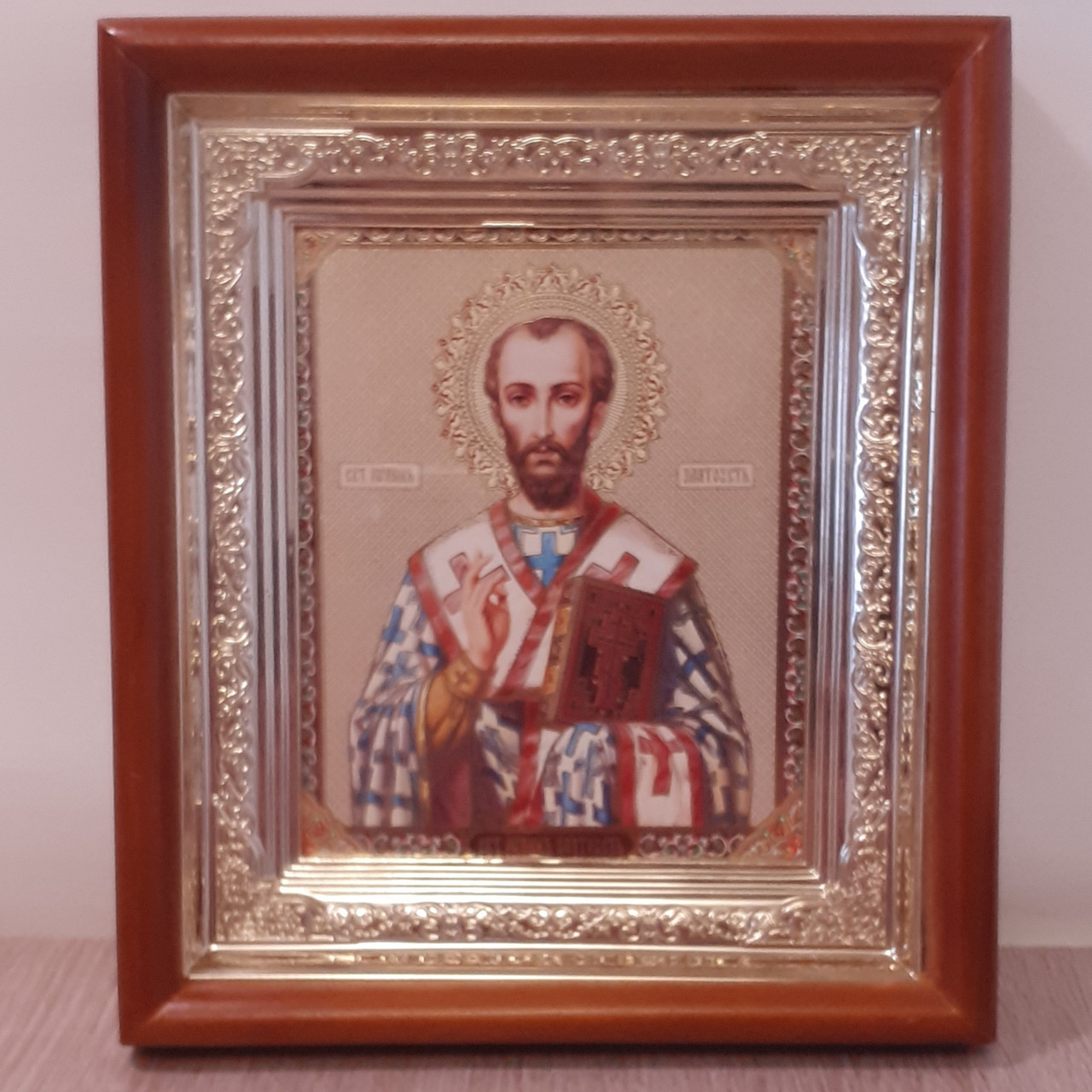 Ікона Іоанн Златоуст святий, лик 10х12 см, в світлому прямому дерев'яному кіоті, фото 1