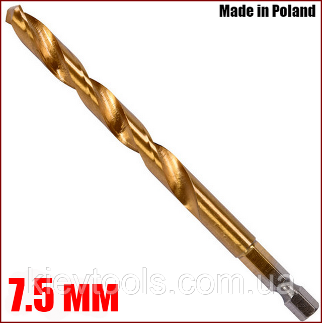 Свердло по металу 7.5 мм з шестигранним хвостовиком 1/4" HSS-TIN Yato YT-44767