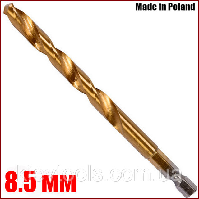 Свердло по металу 8.5 мм з шестигранним хвостовиком 1/4" HSS-TIN Yato YT-44769