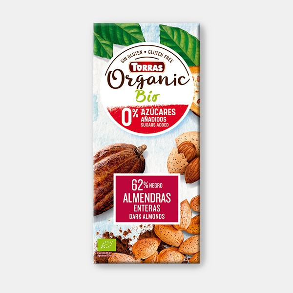 Шоколад Чорний Torras 62% Negro Almendras Organic Bio з Цільним Мигдалем без цукру і глютену 150 г Іспанія