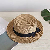 Солом'яний капелюх канотьє з бантиком Капучіно (на об'єм 58)