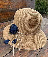 Женская стильная пляжная шляпка, декорированная красивым цветком песочный/синий