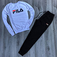 Мужской спортивный костюм белый реглан с принтом "Fila" и чёрные штаны с принтом "Fila"