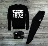 Мужской спортивный костюм чёрный свитшот с принтом "Adidas" и чёрные штаны с принтом "Adidas"