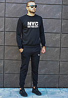 Мужской спортивный костюм чёрный свитшот "New York City" с принтом и чёрные штаны с принтом "New York City"