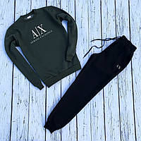 Мужской спортивный костюм хаки свитшот с принтом "Armani" с и чёрные штаны "Armani"