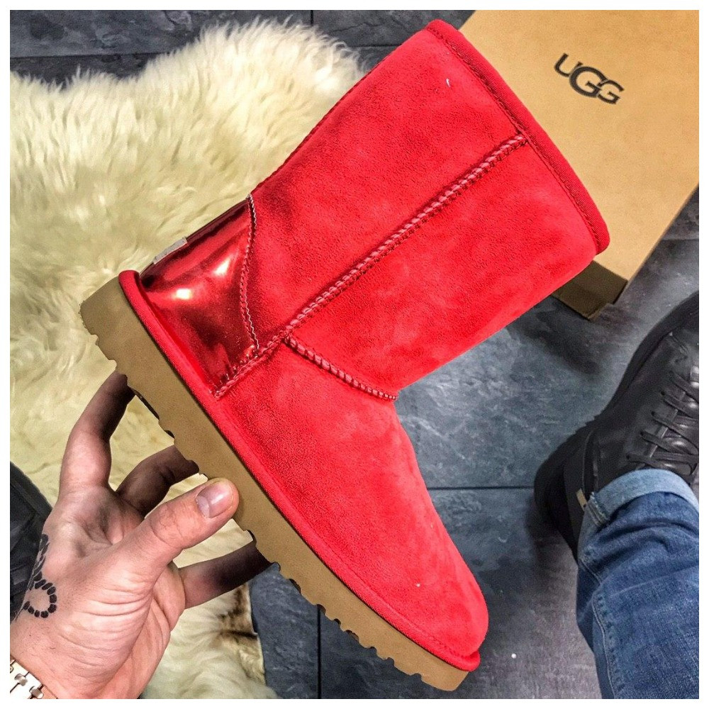 Жіночі зимові Ugg Classic Short II Leather Red 2, червоні замшеві чоботи уггі класік шорт жіночі черевики угі