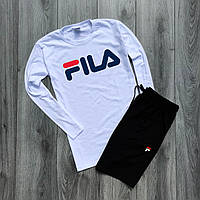 Мужской летний комплект белое джерси с принтом "Fila" и чёрные шорты с принтом "Fila"