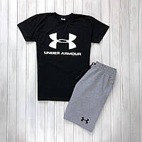 Мужской летний комплект чёрная футболка с принтом "Under Armour" и меланжевые шорты с принтом "Under Armour"