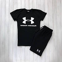 Мужской летний комплект чёрная футболка с принтом "Under Armour" и чёрные шорты с принтом "Under Armour"