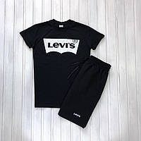 Мужской летний комплект чёрная футболка с принтом "Levi s" и чёрные шорты с принтом "Levi s"