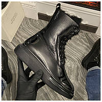 Женские зимние ботинки Alexander McQueen Boots Luxury Black fur, черные кожаные ботинки александр маккуин