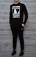 Мужской утепленный спортивный костюм чёрный свитшот с принтом "Adidas" и чёрные штаны с принтом "Adidas"