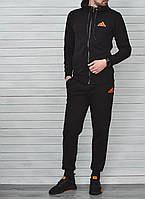 Мужской утепленный спортивный костюм чёрная кофта с принтом "Adidas" и чёрные штаны с принтом "Adidas"