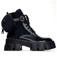 Женские ботинки Prada Leather Boots Nylon Pouch Monolith Low Black, черные кожаные ботинки прада монолит