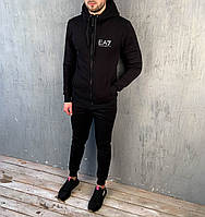 Мужской утепленный спортивный костюм чёрная кофта с принтом "Armani" и чёрные штаны