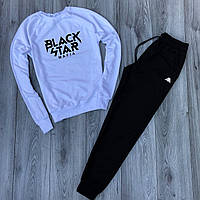 Мужской утепленный спортивный костюм белый реглан с принтом "Black Star" и чёрные штаны с принтом "Black Star"