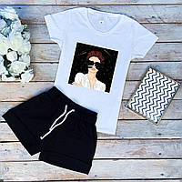 Женский летний комплект белая футболка с принтом "Космос" и чёрные шорты