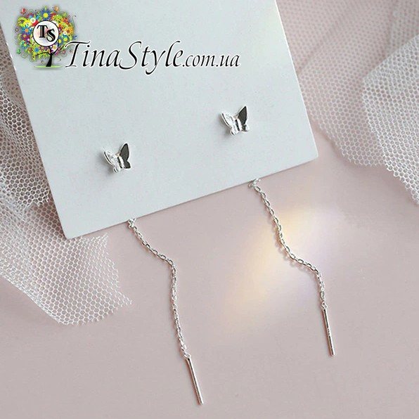 Сережки сережки довгі висячі сережки протяжки метелика, колір срібло, фото 1