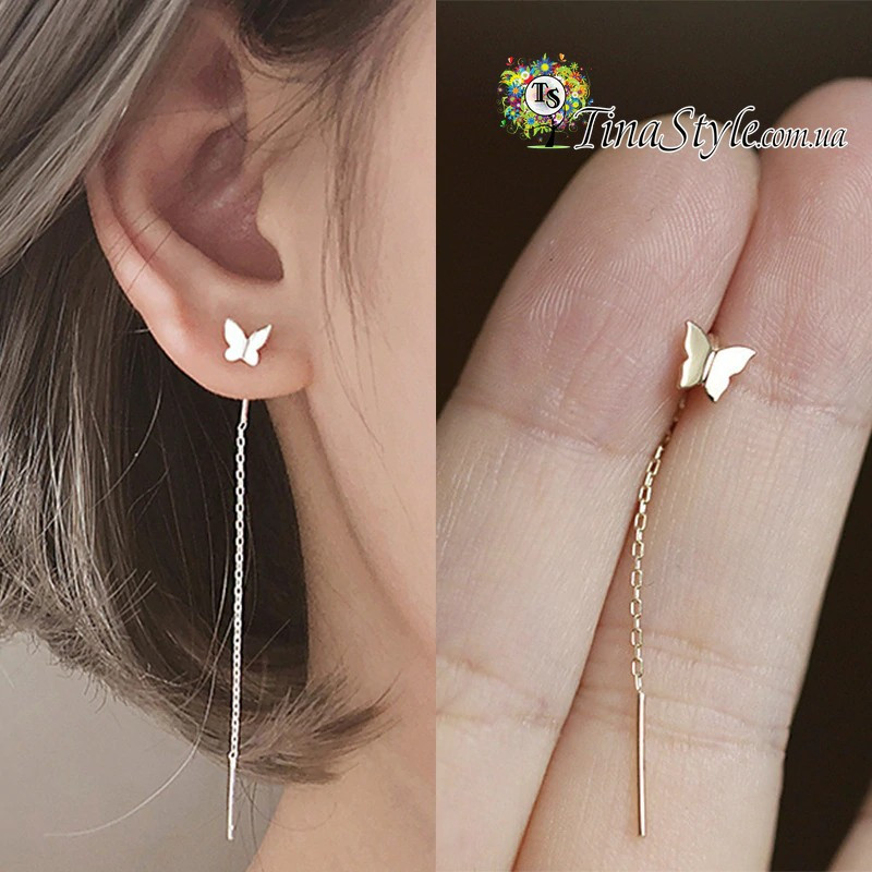Сережки сережки золотого кольору довгі висячі сережки протяжки метелика колір золото, фото 1