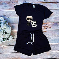 Женский летний комплект чёрная футболка с принтом "Лагерфельд с котом" и чёрные шорты