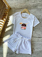 Женский летний комплект белая футболка с принтом "Nutella" и белые шорты