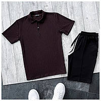 Мужской летний комплект бордовая футболка поло тенниска + черные шорты