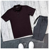 Мужской летний комплект бордовая футболка поло тенниска + серые шорты