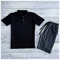 Мужской летний комплект черная футболка поло тенниска + серые шорты (много цветов)