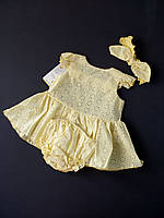 Платье + повязка + трусики для новорождённой девочки HappyTot Батист 68см жёлтое 797