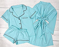 Мятная женская рубашка с шортами + классический халат под пояс Стильная домашняя одежда