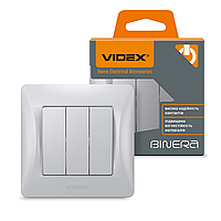 Выключатель трехклавишный Videx Binera серебряный шёлк