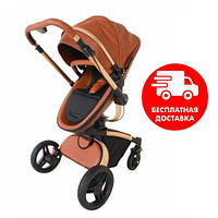 Стильна дитяча коляска для новонароджених з поворотним блоком перекидною ручкою з екошкіри Premium aulon 2в1
