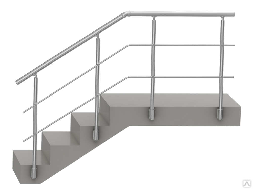 Перила сходові нержавіюча сталь 2-х ригельні, AISI 304, поручень Ø50 мм, стійка Ø42 мм, 2 ригеля Ø16 мм