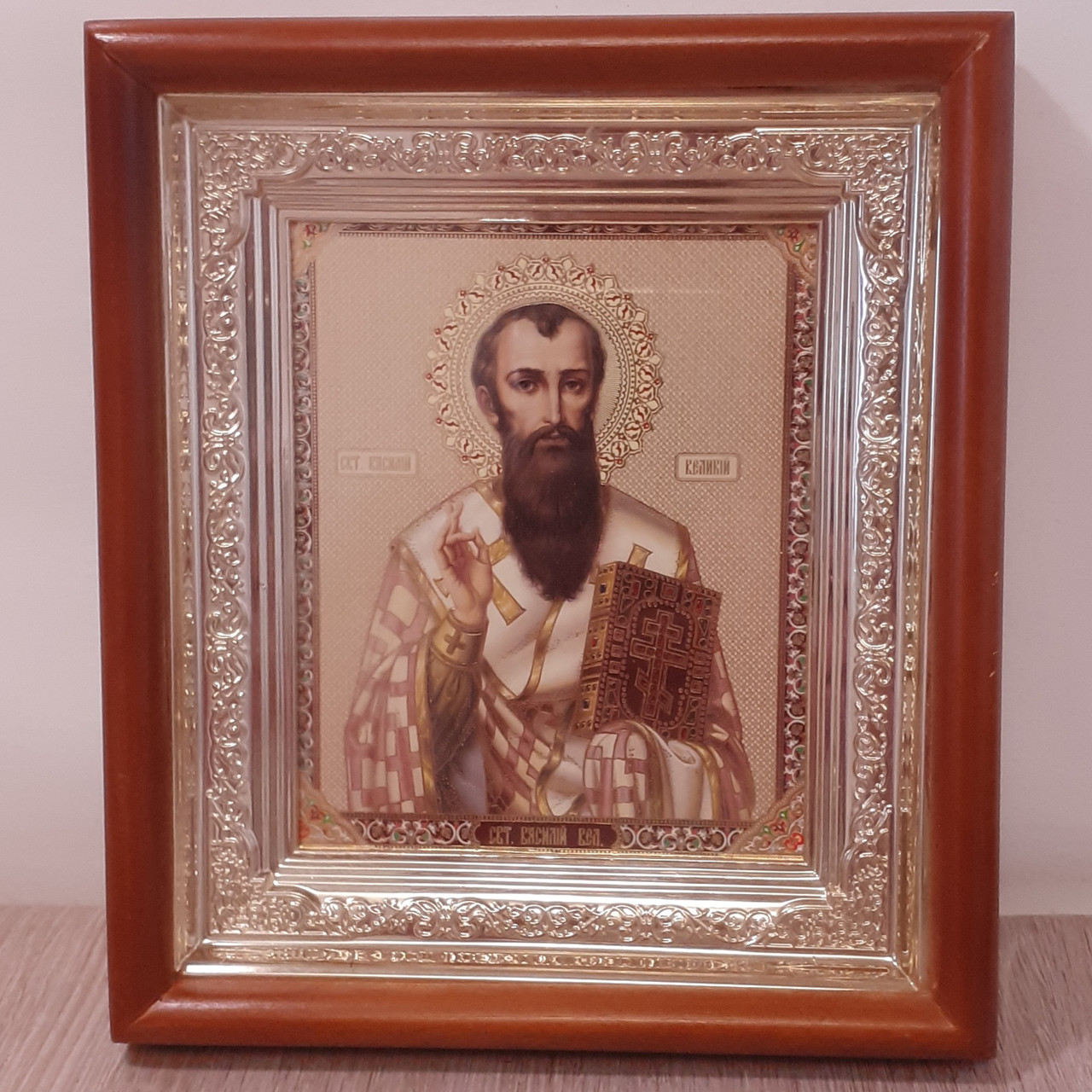 Ікона Василій Великий святитель, лик 10х12 см, у світлому прямому дерев'яному кіоті, фото 1
