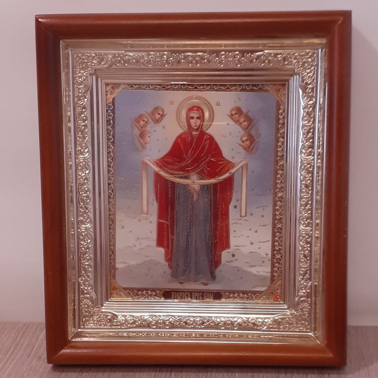 Ікона Покров Пресвята Богородиця, лик 10х12 см, в світлому прямому дерев'яному кіоті, фото 1