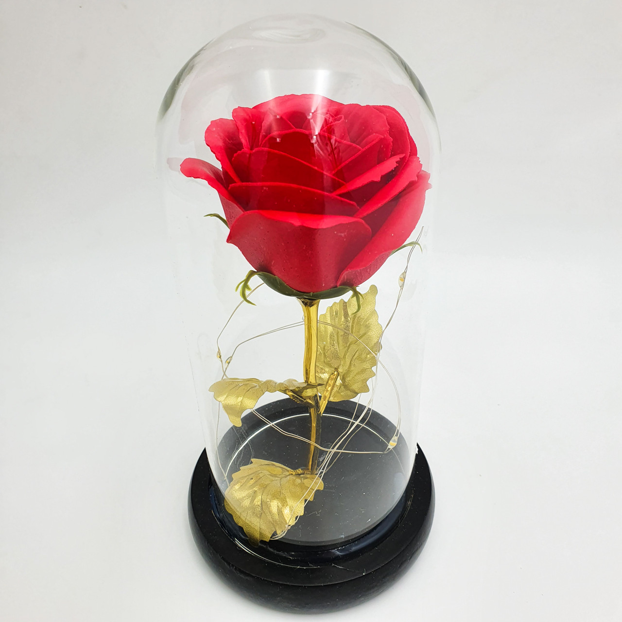 Роза в колбе с LED подсветкой 16 см романтический подарок ночник золотые листья красная! Quality - фото 1 - id-p1433170640