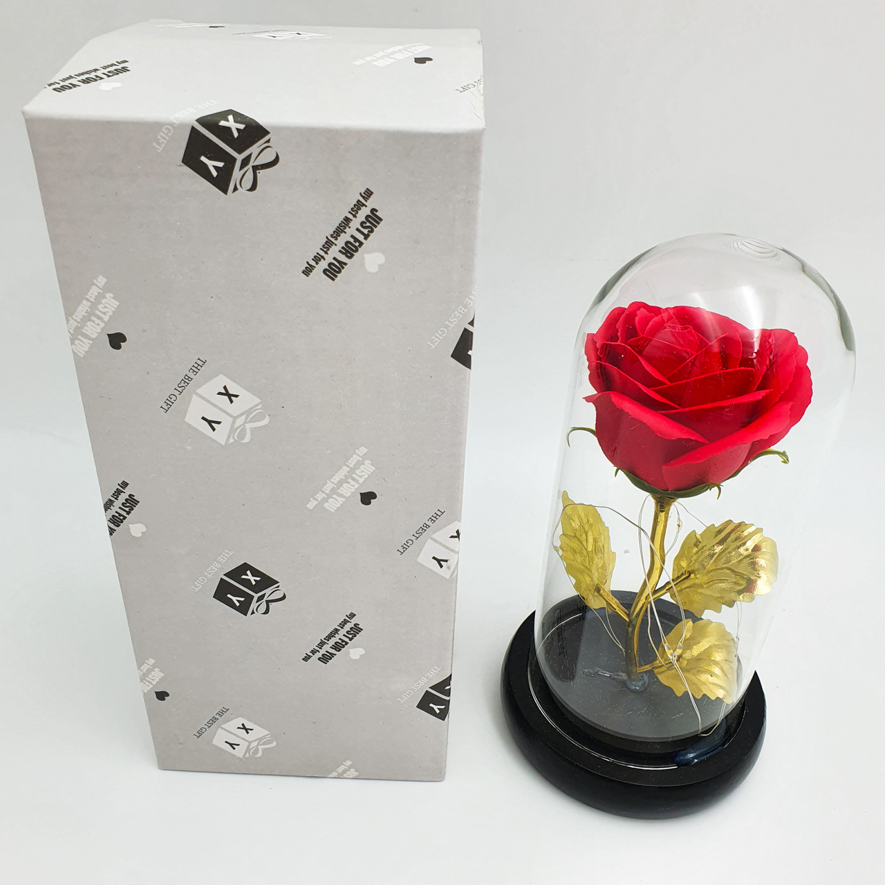 Роза в колбе с LED подсветкой 16 см романтический подарок ночник золотые листья красная! Quality - фото 5 - id-p1433170640
