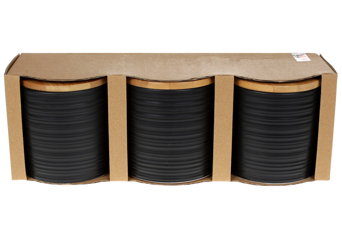 Набор (3шт) керамических банок 550мл с бамбуковыми крышками с объемным рисунком Линии, цвет - черный матовый
