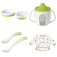 Детский набор пластиковой посуды IKEA BÖRJA бело-зелёная посуда для малышей ИКЕА БОРЬЯ