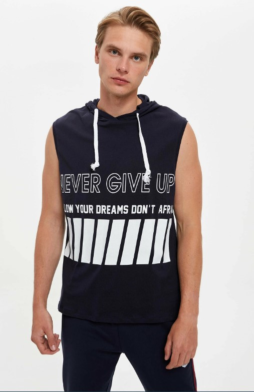Синя чоловіча футболка Defacto/Дефакт без рукавів, з капюшоном Never give up