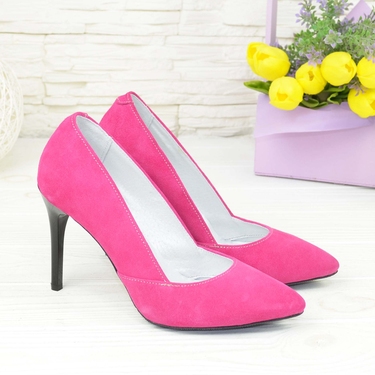 Классические женские туфли на шпильке, натуральная замша цвета фуксия - фото 1 - id-p1433401737
