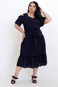 Жіноче літнє темно-синє плаття міді із штапеля Люсьєна великий розмір 50 52 54 56