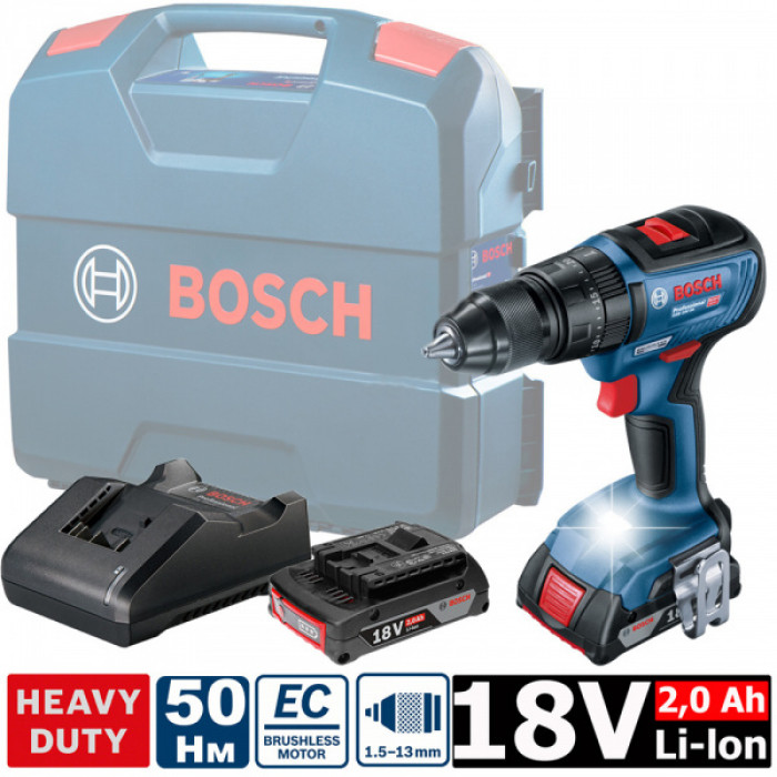 Акумуляторний ударний шуруповерт Bosch GSB 18 V-50 (18 В, 2 А*ч + 2 А*год) (06019H5100)